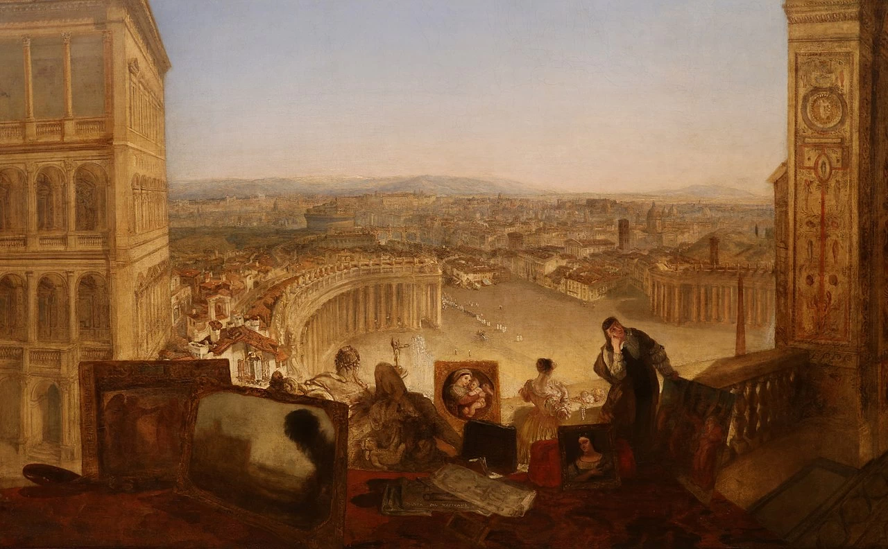 Roma vista dal vaticano, Raffaello accompagnato dalla Fornarina si prepara a dipingere la loggia